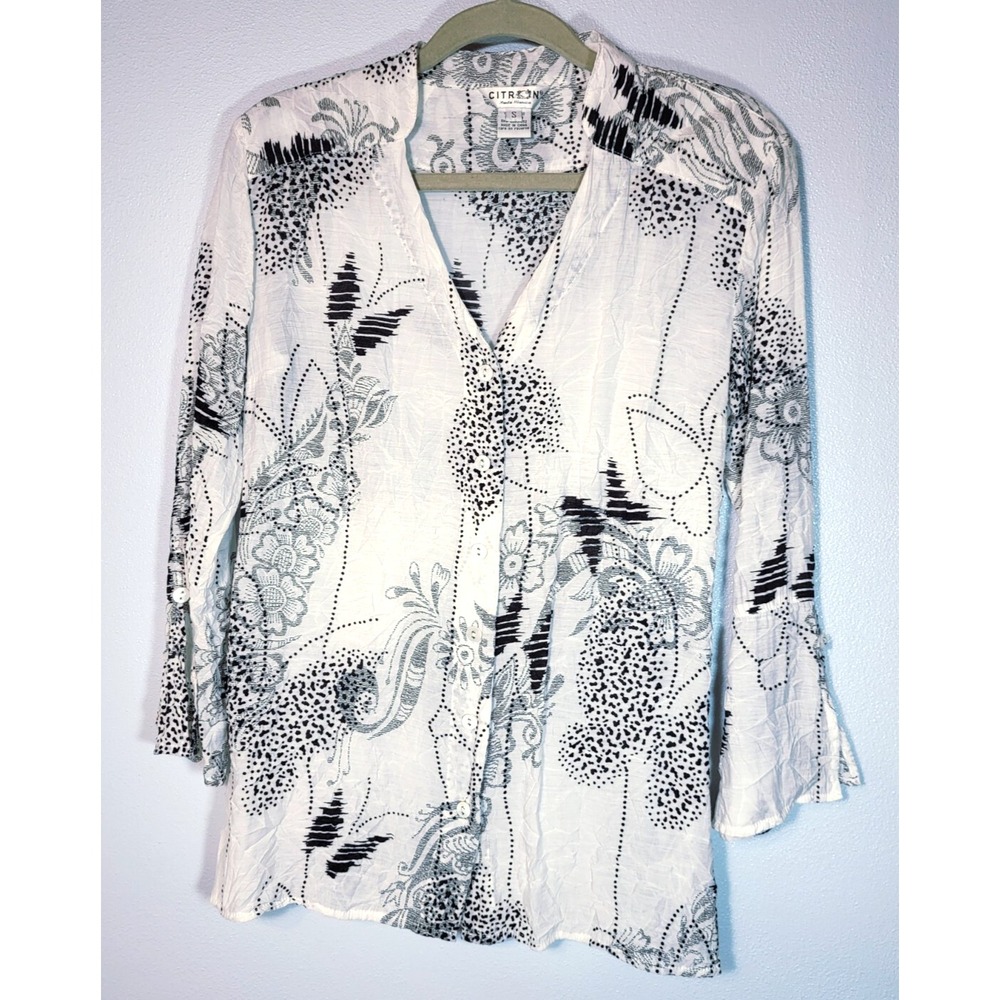 Citron White Black Bamboo V-Neck Button Front‎ Crinkle Shirt Butterflies Small